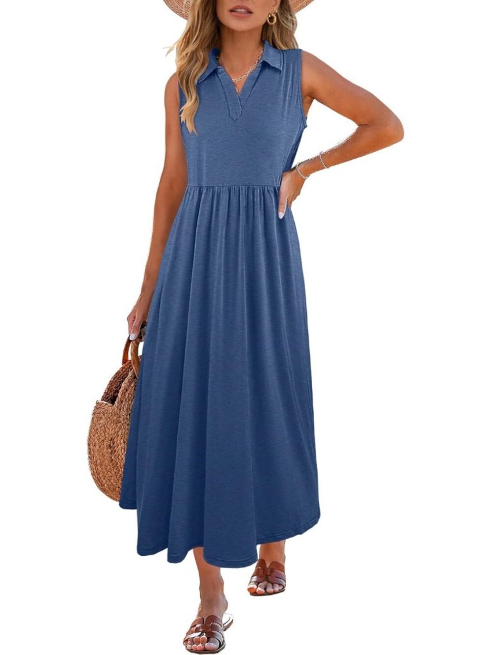 Women's Blue V Neck Flowy Aline Maxi Sundress Summer Sleeveless Casual Dress